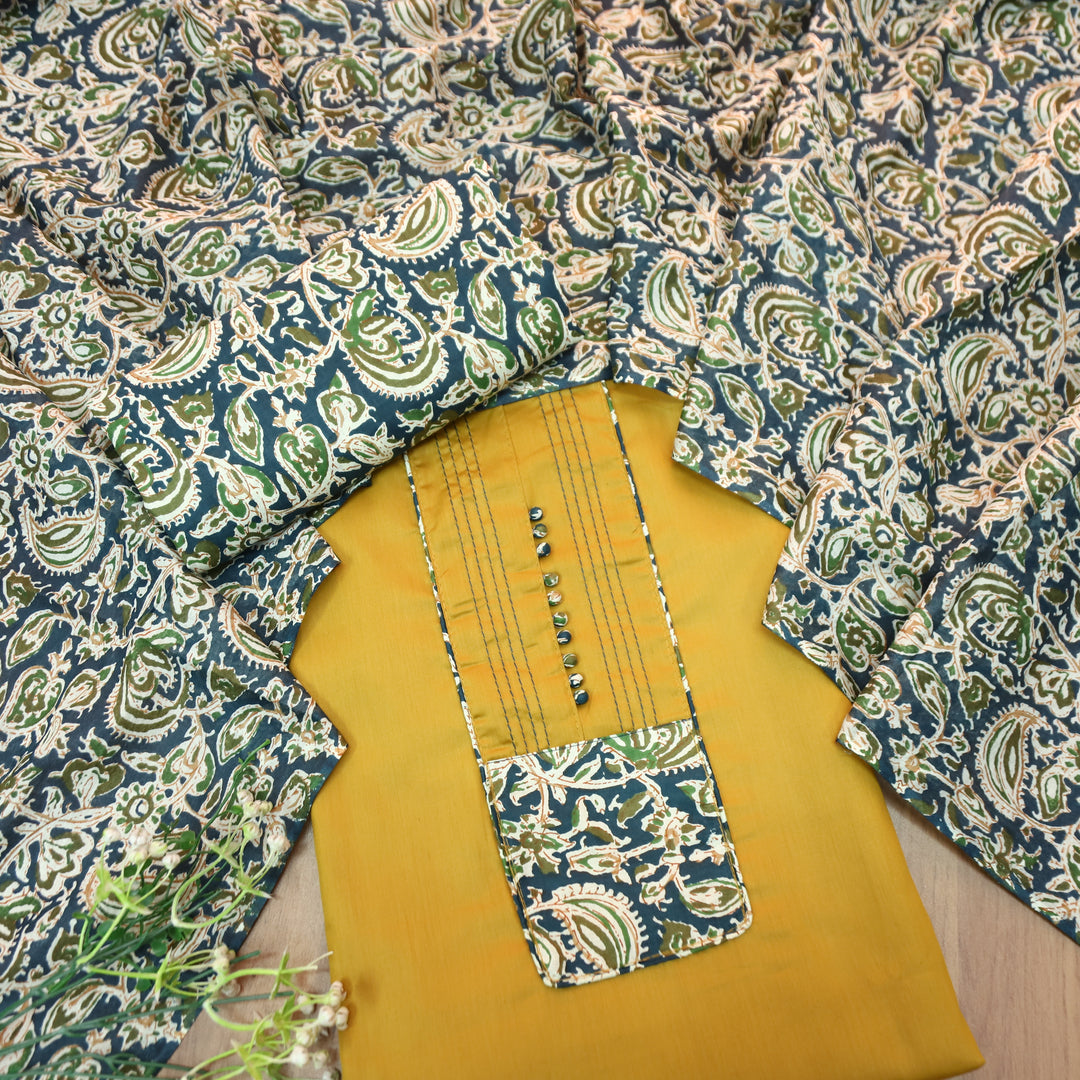 Radhika Turmeric Yellow Potli Button with Kalamakari Printed Neck Patch Cotton Suit Set