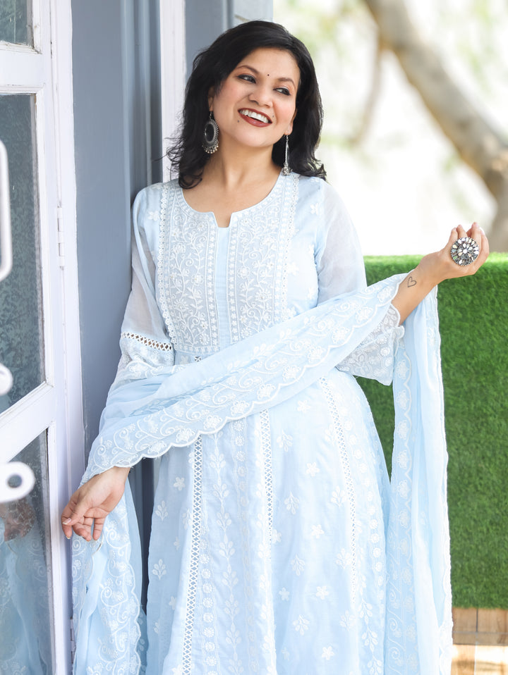 Olivia Powder Blue Embroidered Mul Cotton 3 Piece Set