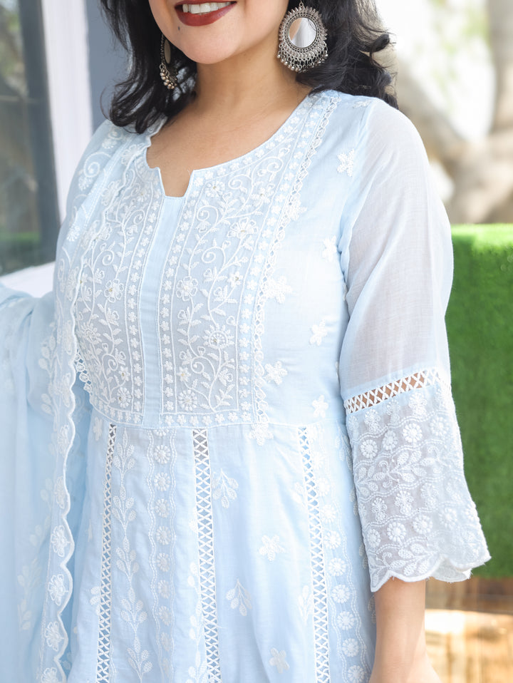 Olivia Powder Blue Embroidered Mul Cotton 3 Piece Set