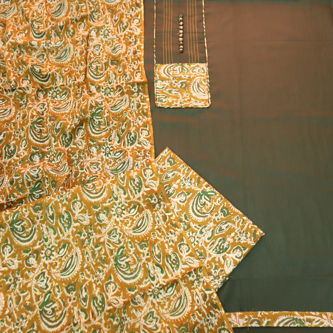 Radhika Mehndi Green Potli Button with Kalamakari Printed Neck Patch Cotton Suit Set