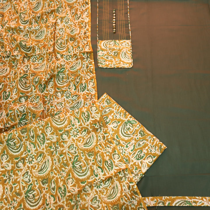 Radhika Mehndi Green Potli Button with Kalamakari Printed Neck Patch Cotton Suit Set