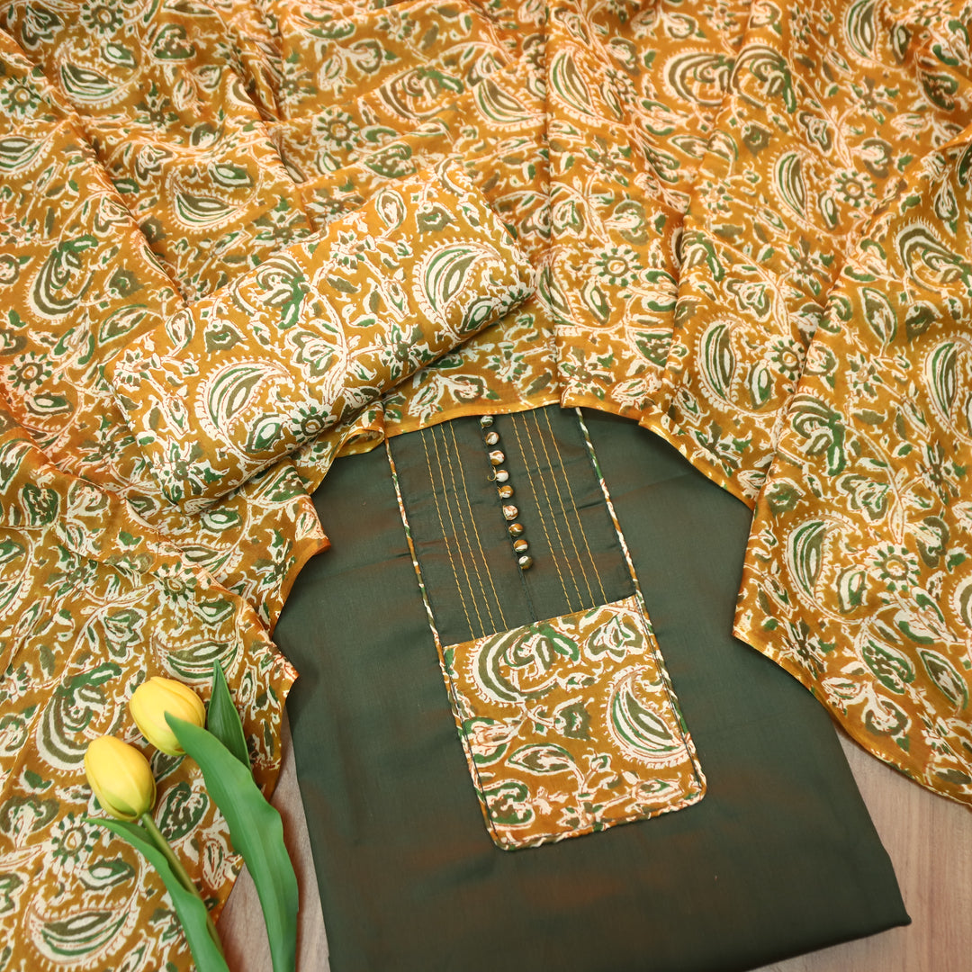 Radhika Mehndi Green Potli Button with Kalamakari Printed Neck Patch Cotton Suit Set