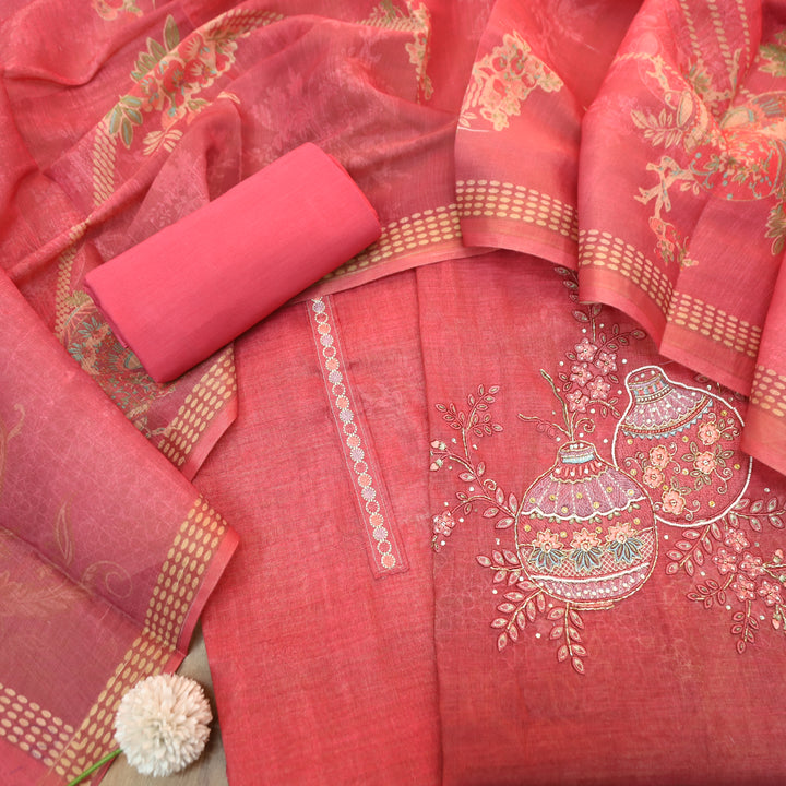 Hosaana Blush Pink Self Print Embroidered Work with Kardana Shimmer Tissue Linen Set
