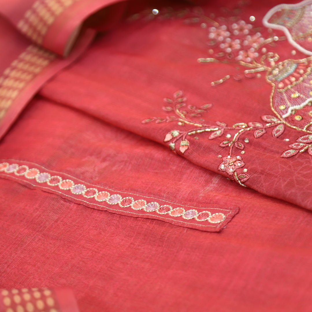 Hosaana Blush Pink Self Print Embroidered Work with Kardana Shimmer Tissue Linen Set