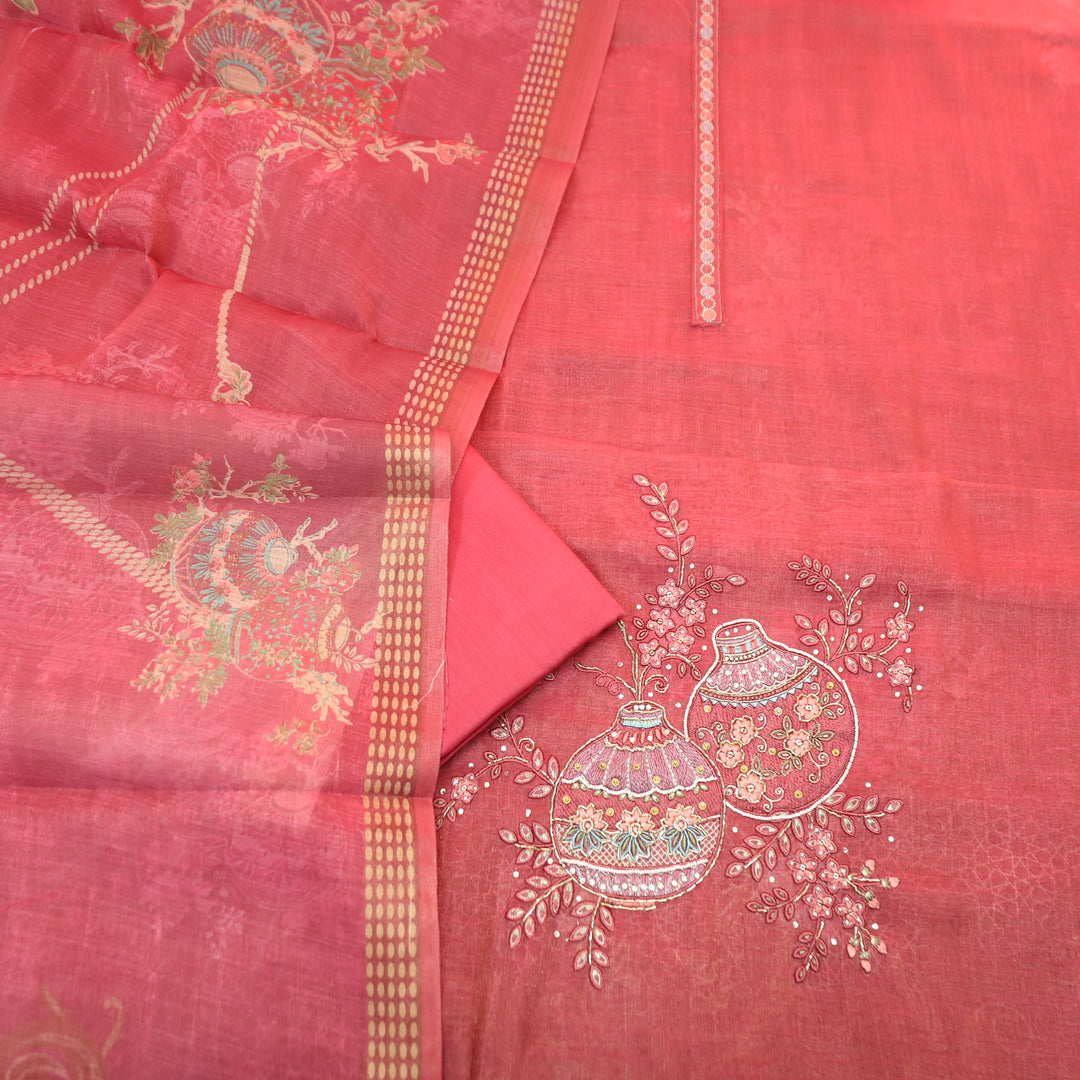 Hosaana Blush Pink Self Print Embroidered Work with Kardana Shimmer Tissue Linen Set