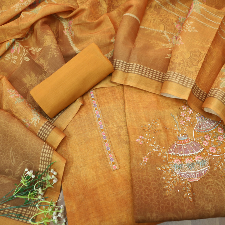 Hosaana Mustard Yellow Self Print Embroidered Work with Kardana Shimmer Tissue Linen Set