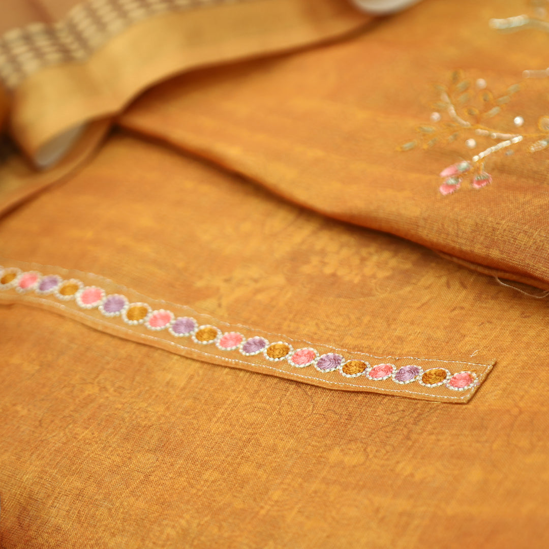 Hosaana Mustard Yellow Self Print Embroidered Work with Kardana Shimmer Tissue Linen Set