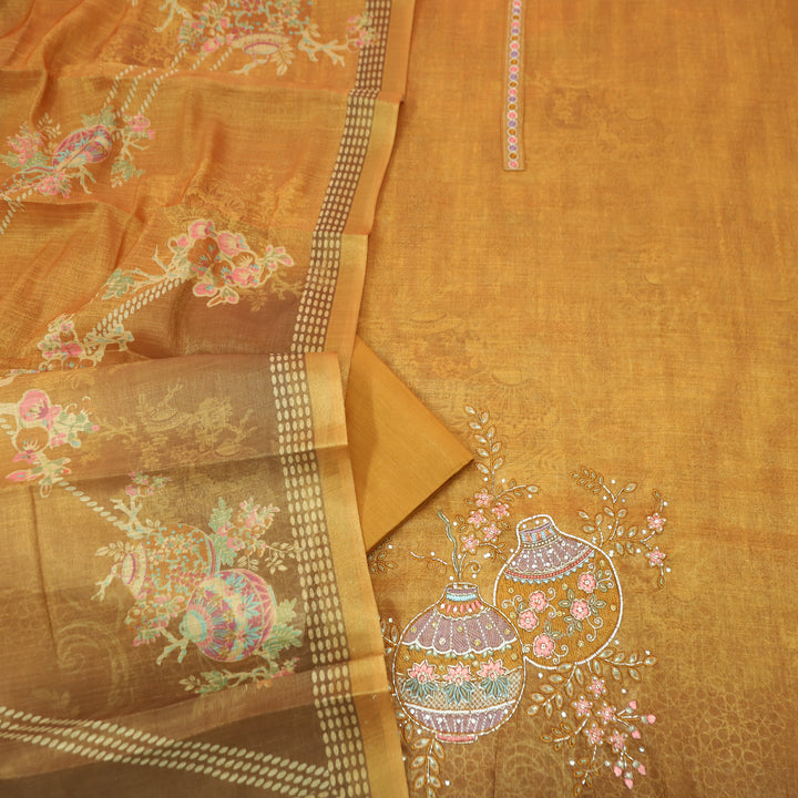 Hosaana Mustard Yellow Self Print Embroidered Work with Kardana Shimmer Tissue Linen Set