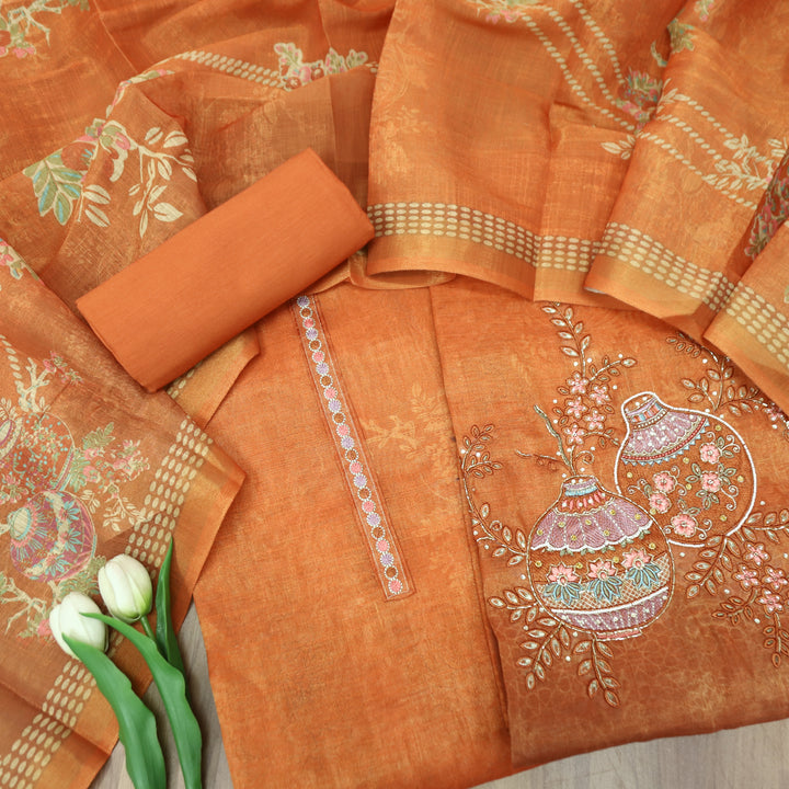 Hosaana Rust Orange Self Print Embroidered Work with Kardana Shimmer Tissue Linen Set