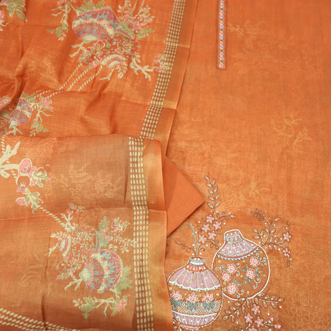 Hosaana Rust Orange Self Print Embroidered Work with Kardana Shimmer Tissue Linen Set
