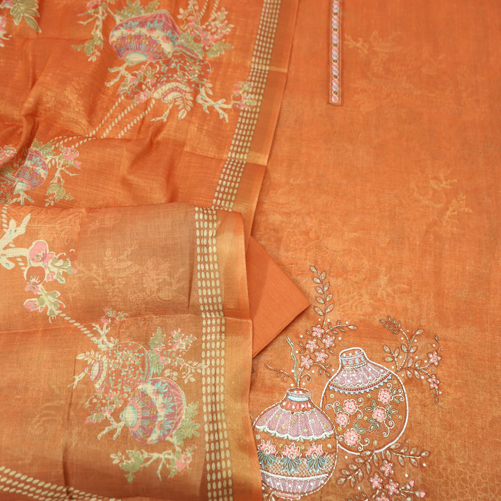 Hosaana Rust Orange Self Print Embroidered Work with Kardana Shimmer Tissue Linen Set
