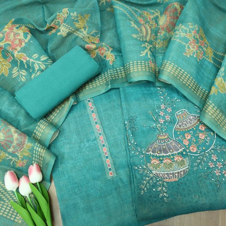 Hosaana Aqua Teal Self Print Embroidered Work with Kardana Shimmer Tissue Linen Set