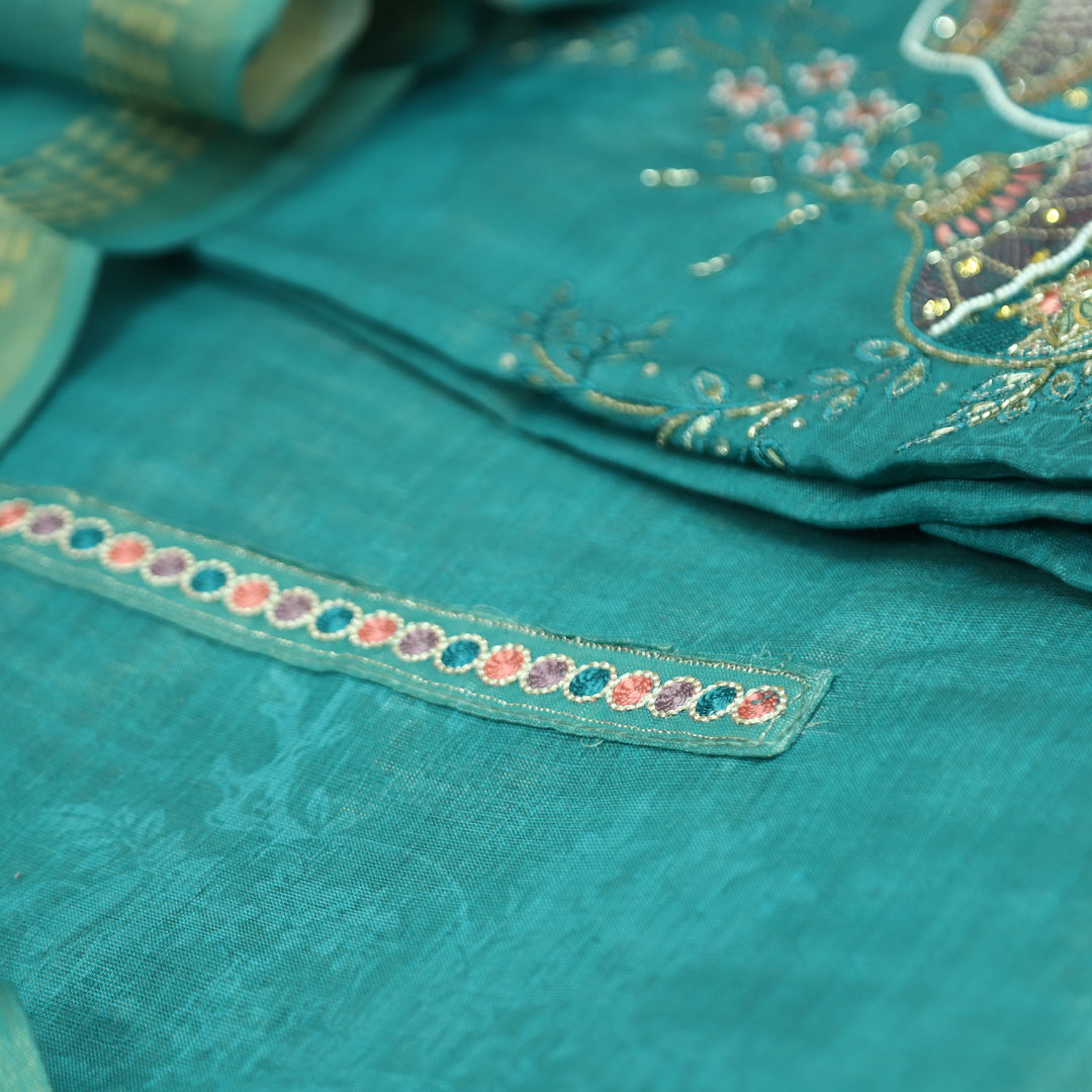 Hosaana Aqua Teal Self Print Embroidered Work with Kardana Shimmer Tissue Linen Set