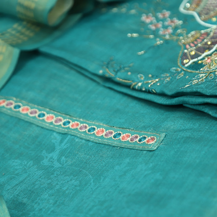 Hosaana Aqua Teal Self Print Embroidered Work with Kardana Shimmer Tissue Linen Set