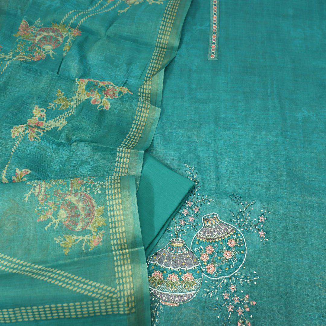 Hosaana Aqua Teal Self Print Embroidered Work with Kardana Shimmer Tissue Linen Set
