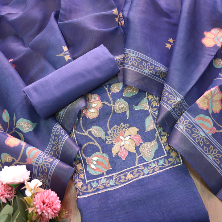 Aashiya Royal Blue Floral Printed with Zari Weaved Shimmer Tissue Linen Set