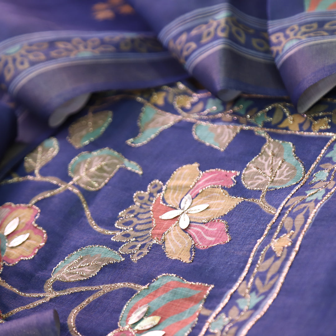 Aashiya Royal Blue Floral Printed with Zari Weaved Shimmer Tissue Linen Set