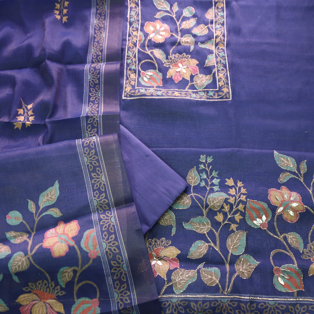 Aashiya Royal Blue Floral Printed with Zari Weaved Shimmer Tissue Linen Set