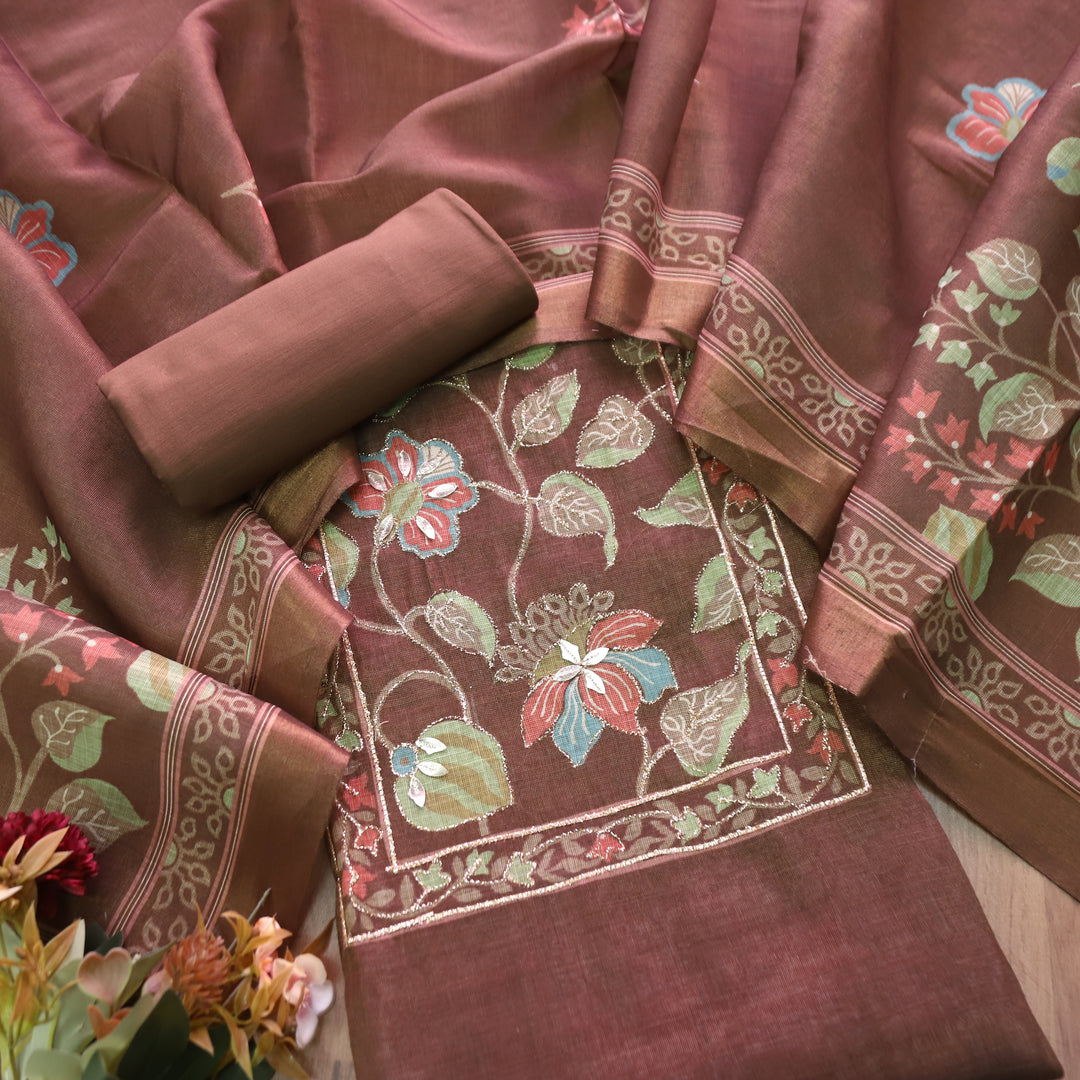 Aashiya Chocolate Brown Floral Printed with Zari Weaved Shimmer Tissue Linen Set