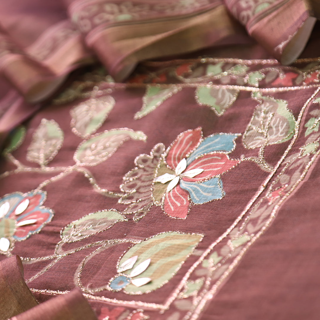 Aashiya Chocolate Brown Floral Printed with Zari Weaved Shimmer Tissue Linen Set