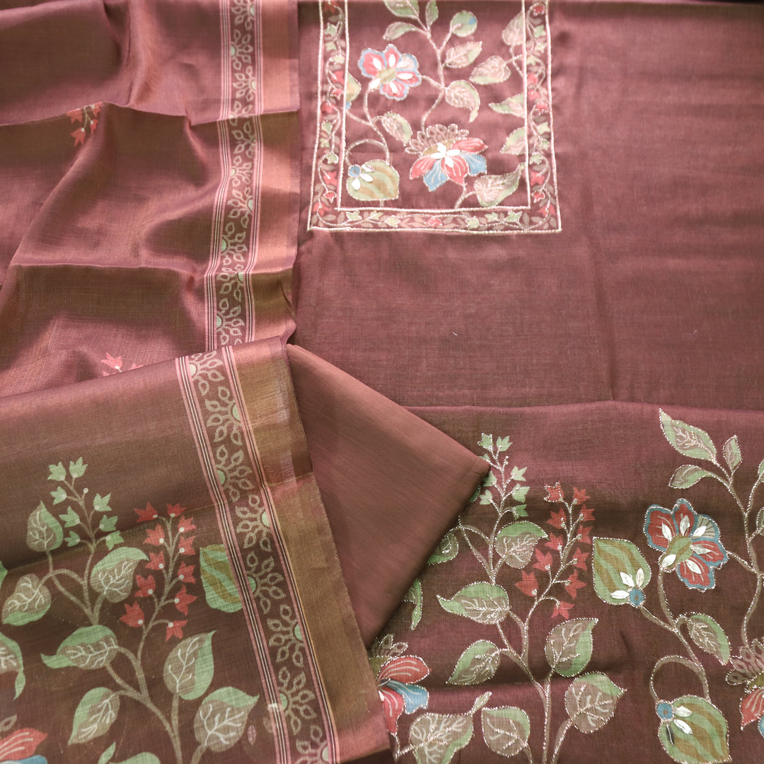 Aashiya Chocolate Brown Floral Printed with Zari Weaved Shimmer Tissue Linen Set