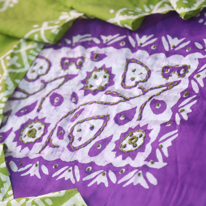 Rooprani Vibrant Purple French Knot in Batik Print Neck Work Chanderi Suit Set