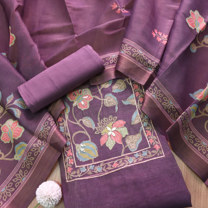 Aashiya Orchid Purple Floral Printed with Zari Weaved Shimmer Tissue Linen Set