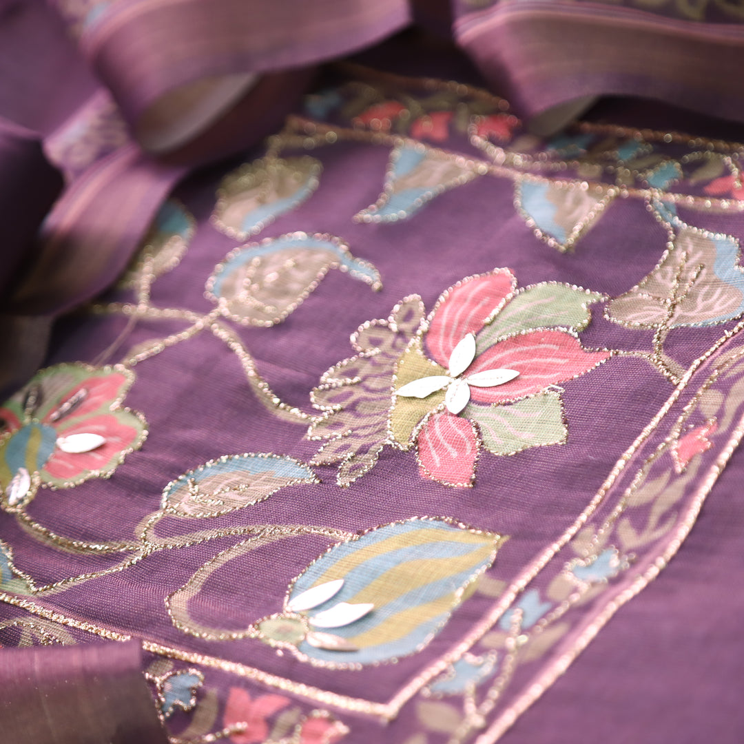 Aashiya Orchid Purple Floral Printed with Zari Weaved Shimmer Tissue Linen Set