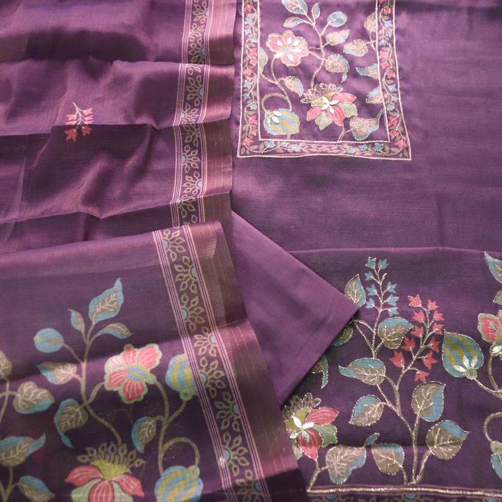Aashiya Orchid Purple Floral Printed with Zari Weaved Shimmer Tissue Linen Set