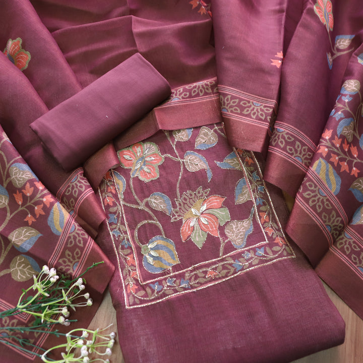 Aashiya Mauve Pink Floral Printed with Zari Weaved Shimmer Tissue Linen Set