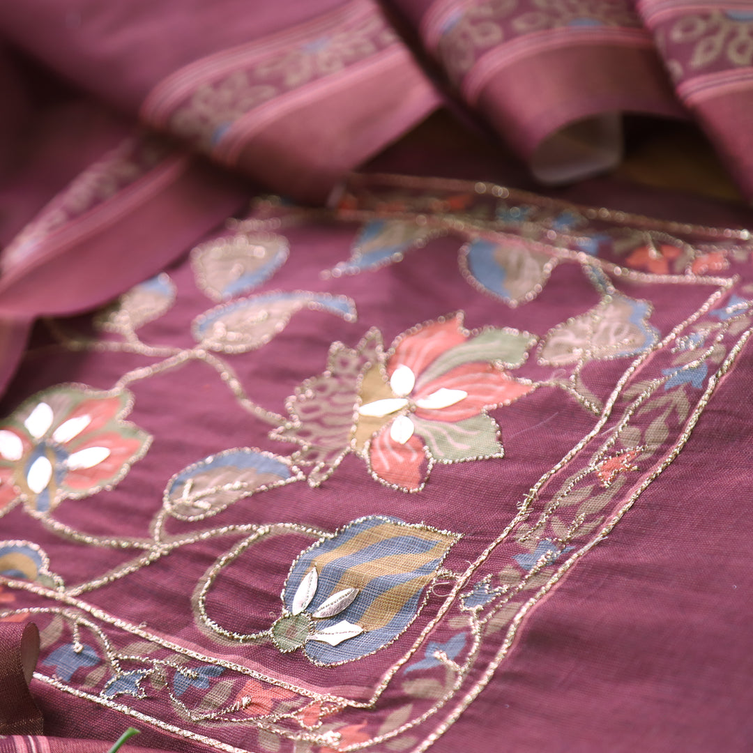 Aashiya Mauve Pink Floral Printed with Zari Weaved Shimmer Tissue Linen Set