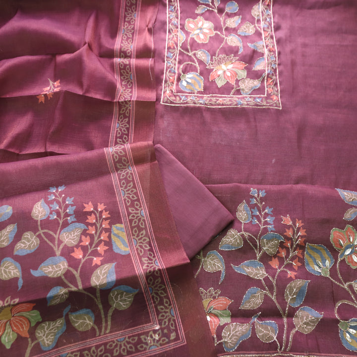 Aashiya Mauve Pink Floral Printed with Zari Weaved Shimmer Tissue Linen Set