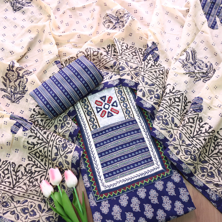 Udarri Indigo Blue Kutch Mirror Yoke in Dabu Floral Printed Cotton Suit Set D1