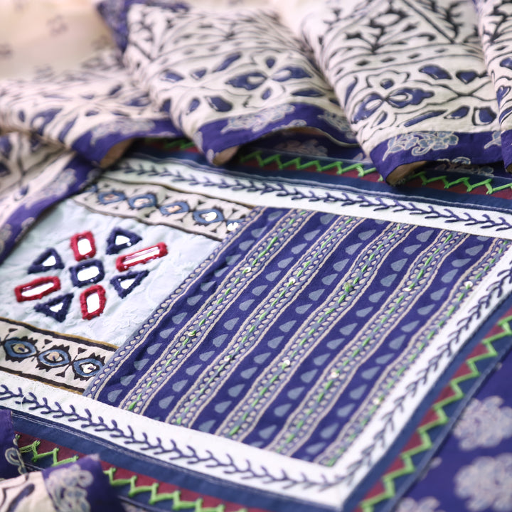 Udarri Indigo Blue Kutch Mirror Yoke in Dabu Floral Printed Cotton Suit Set D1