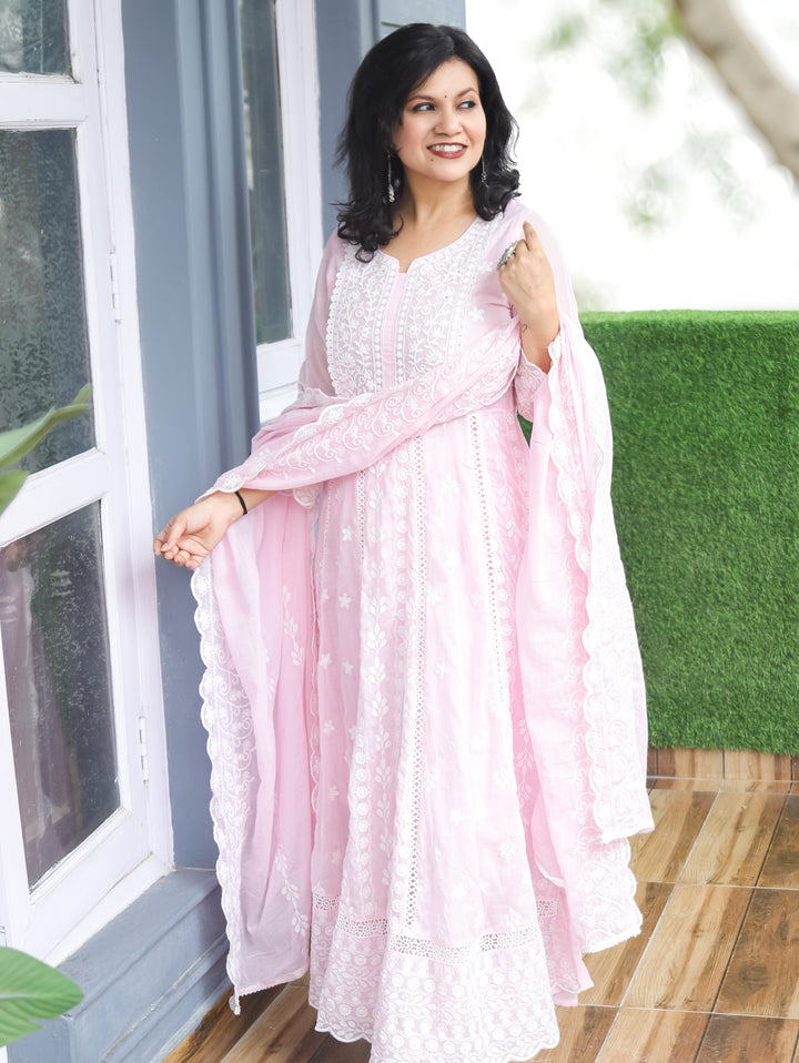 Olivia Pink Embroidered Mul Cotton 3 Piece Set