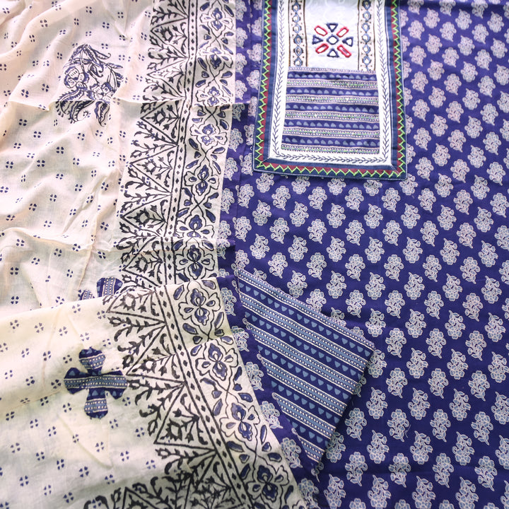 Udarri Indigo Blue Kutch Mirror Yoke in Dabu Floral Printed Cotton Suit Set D1