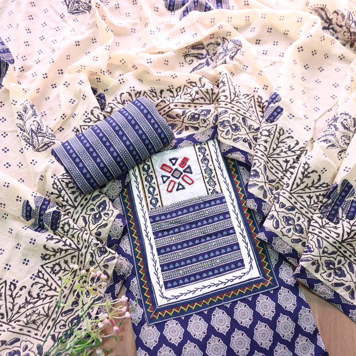 Udarri Indigo Blue Kutch Mirror Yoke in Dabu Floral Printed Cotton Suit Set D2