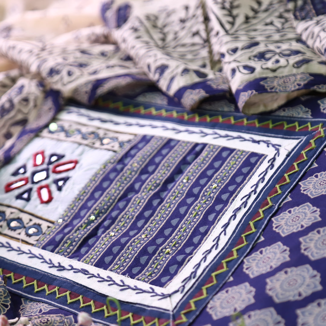 Udarri Indigo Blue Kutch Mirror Yoke in Dabu Floral Printed Cotton Suit Set D2