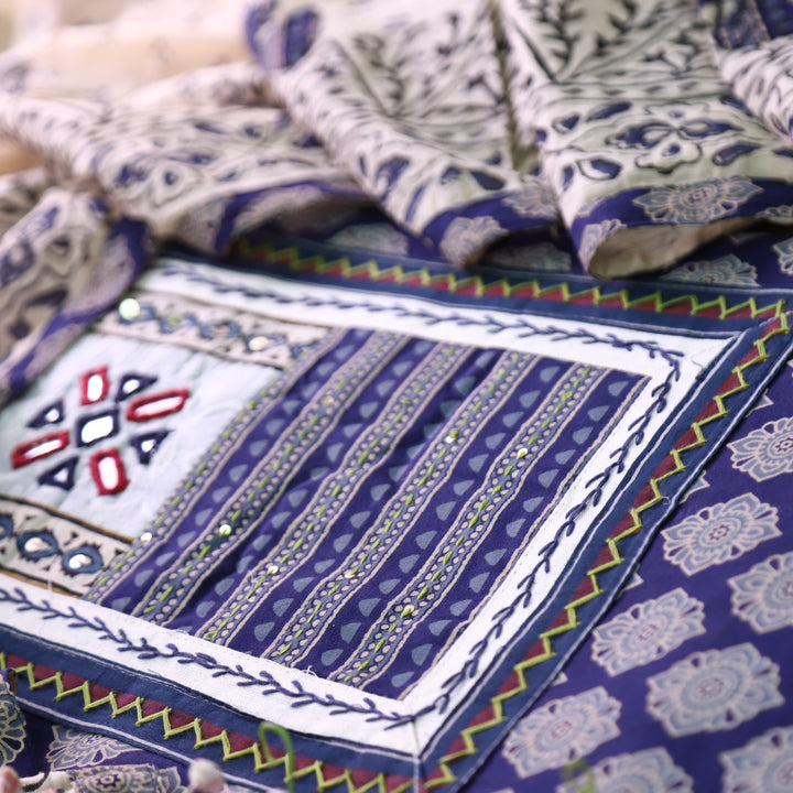Udarri Indigo Blue Kutch Mirror Yoke in Dabu Floral Printed Cotton Suit Set D2