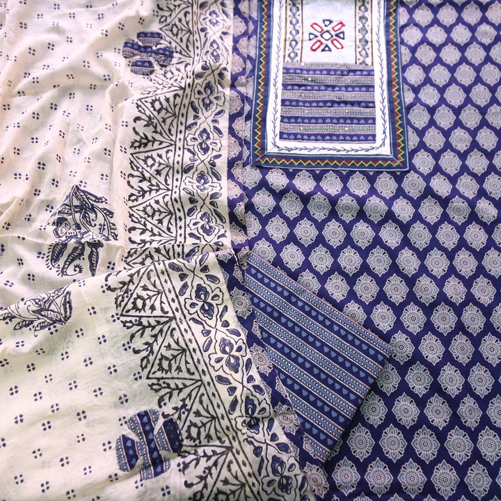 Udarri Indigo Blue Kutch Mirror Yoke in Dabu Floral Printed Cotton Suit Set D2