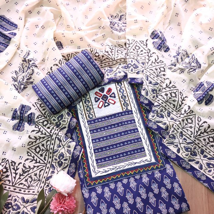 Udarri Indigo Blue Kutch Mirror Yoke in Dabu Floral Printed Cotton Suit Set D3