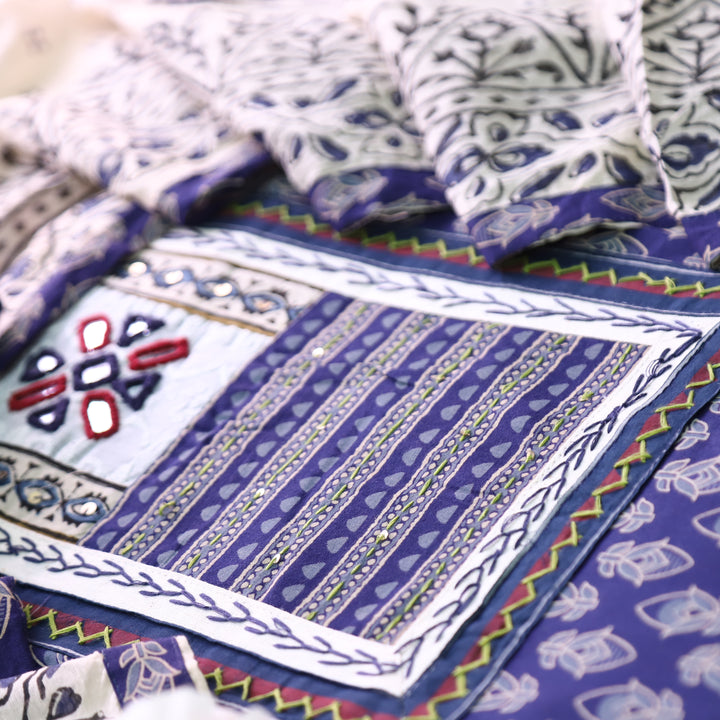 Udarri Indigo Blue Kutch Mirror Yoke in Dabu Floral Printed Cotton Suit Set D3