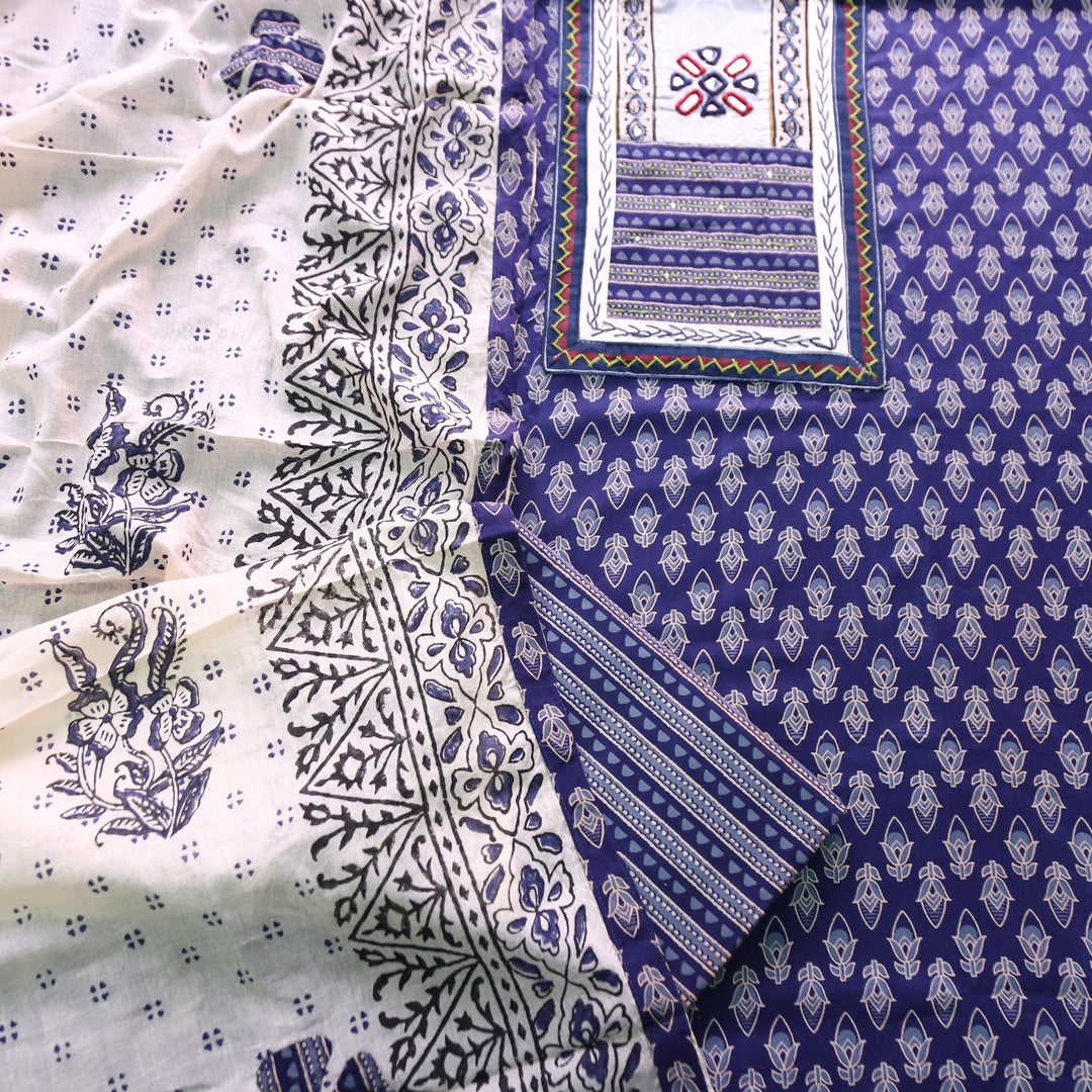 Udarri Indigo Blue Kutch Mirror Yoke in Dabu Floral Printed Cotton Suit Set D3