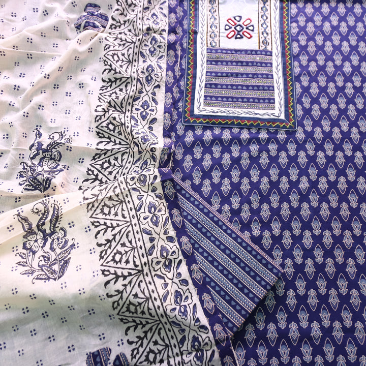 Udarri Indigo Blue Kutch Mirror Yoke in Dabu Floral Printed Cotton Suit Set D3