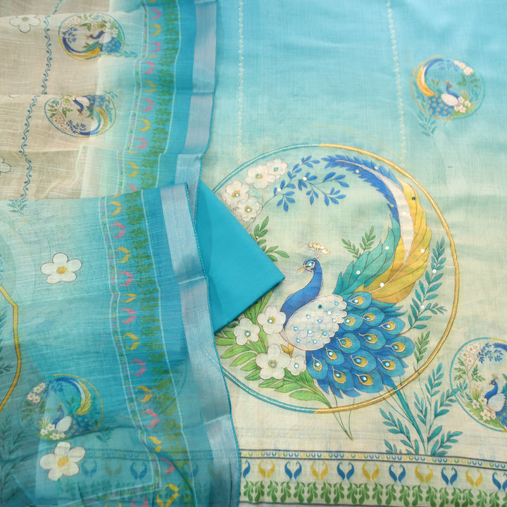 Bareli Aqua Sky Blue Patra with Spiral Style Zari Work Peacock Print Cotton Linen Set