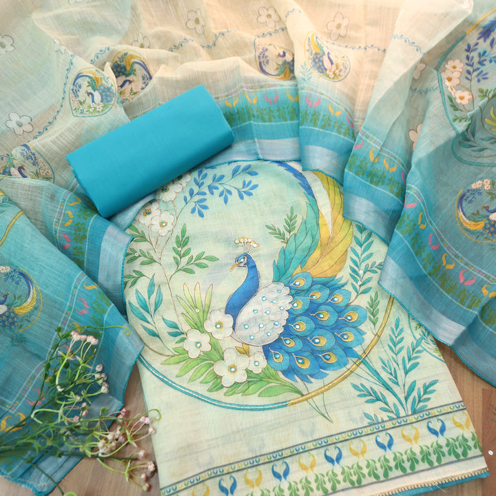 Bareli Aqua Sky Blue Patra with Spiral Style Zari Work Peacock Print Cotton Linen Set