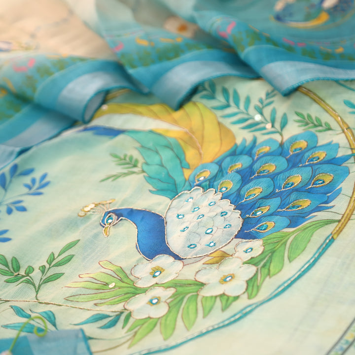 Bareli Aqua Sky Blue Patra with Spiral Style Zari Work Peacock Print Cotton Linen Set