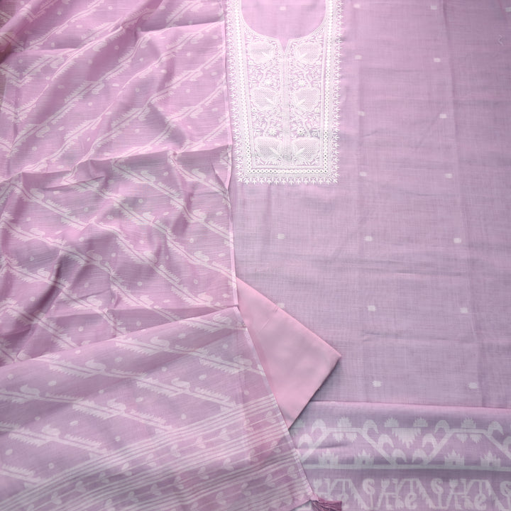 Nigahen Tulip Lavender Thread Embroidered Neck Work Cotton Linen Suit Set