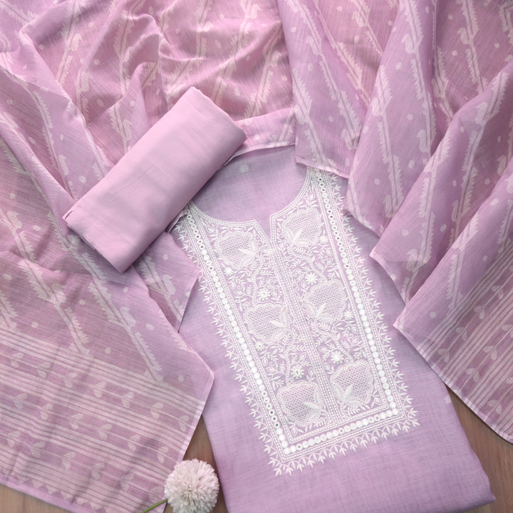 Nigahen Tulip Lavender Thread Embroidered Neck Work Cotton Linen Suit Set
