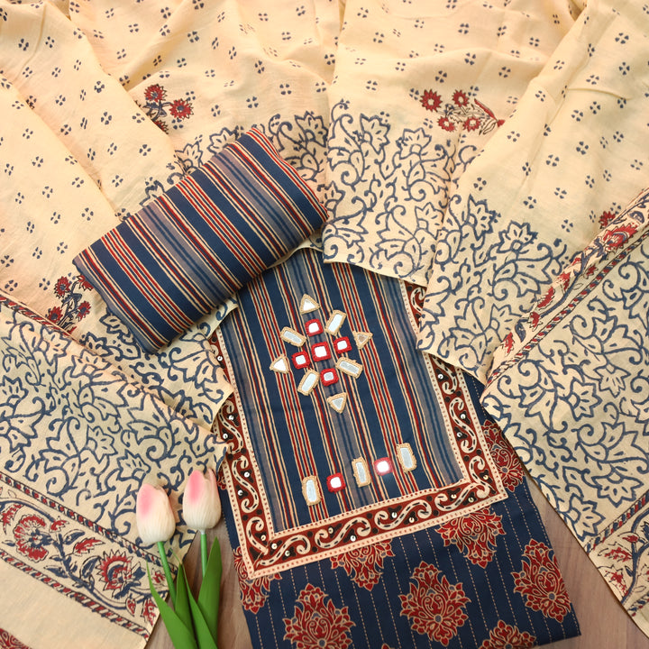 Seyri Blue Kutch Patch with Mirror Work Ajrakh Print Cotton Set